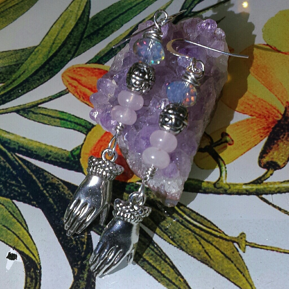 SOLD • Rose Quartz Antique Silver Hand Earrings